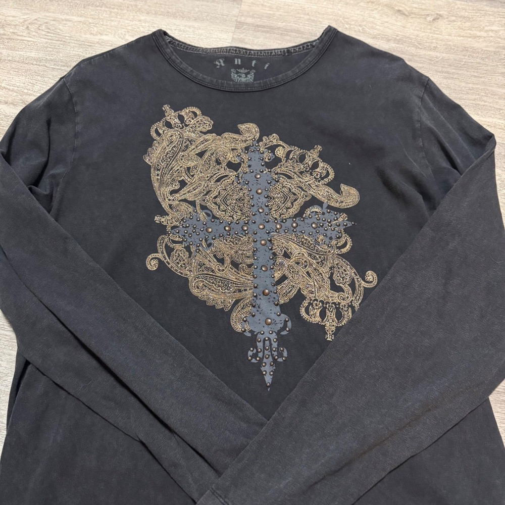 ANF SOCIAL DENIM Mens Long Sleeve Graphic Cross Paisley Print Black Size L